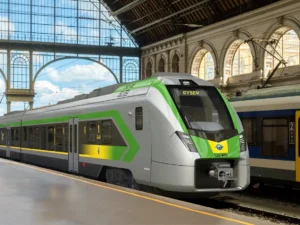 Render moderní elektrické jednotky Stadler FLIRT IC v barvách železniční společnosti GySEV (Raaberbahn) na nádraží.